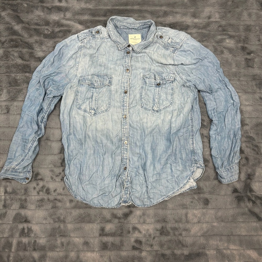 American Eagle Outfitters Womens L Boyfriend Fit Lyocell Chambray Shirt Blue